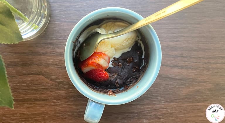Chocolate mug cake in a cup, ready to serve.