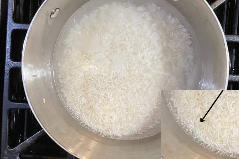 Water boiling while cooking basmati rice.