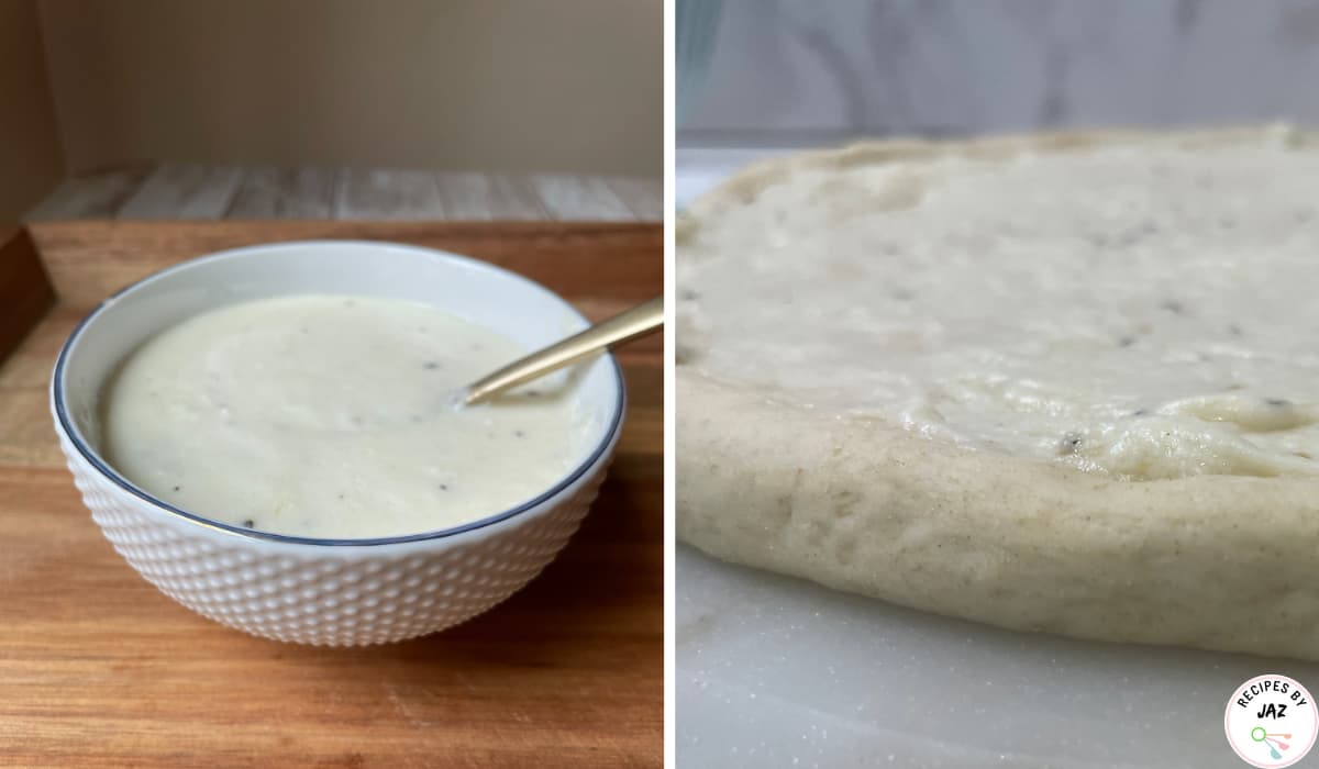 White pizza sauce applied on the crust.