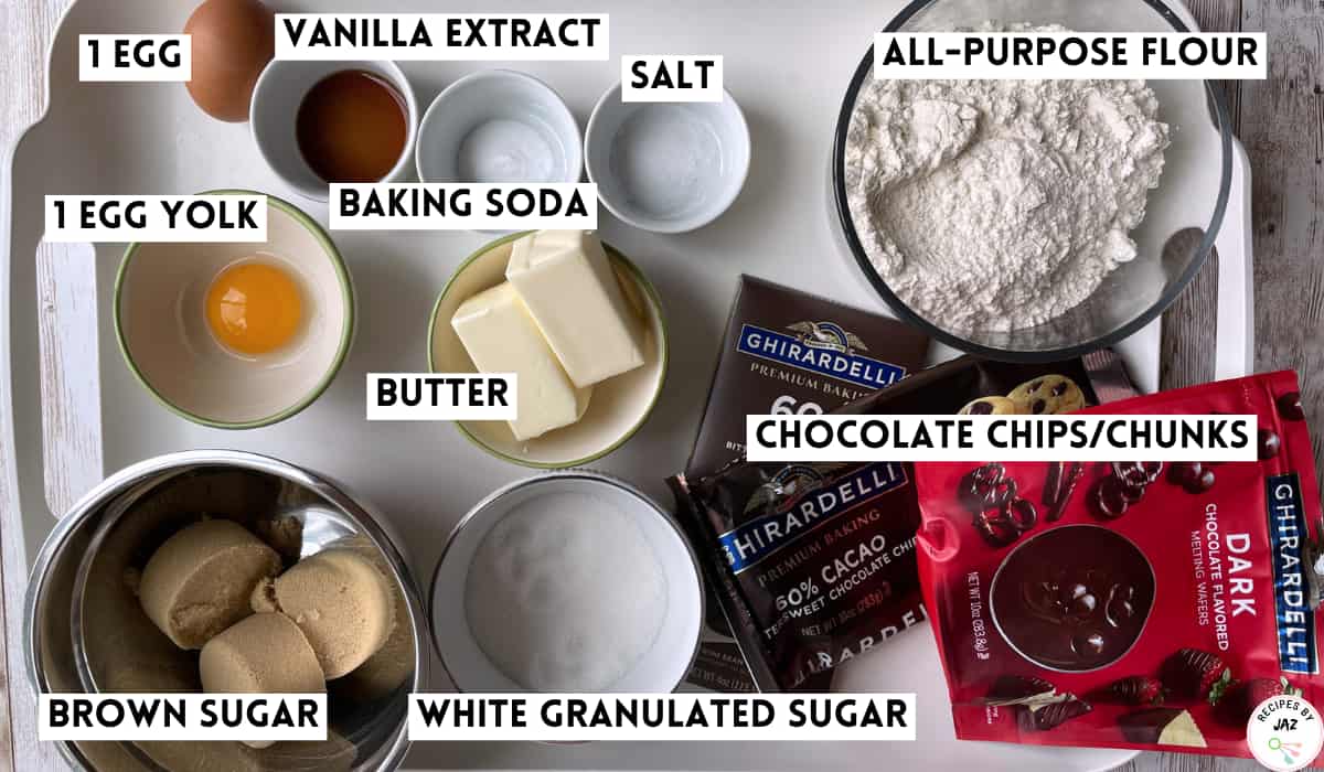Ingredients to make chocolate chip cookie.