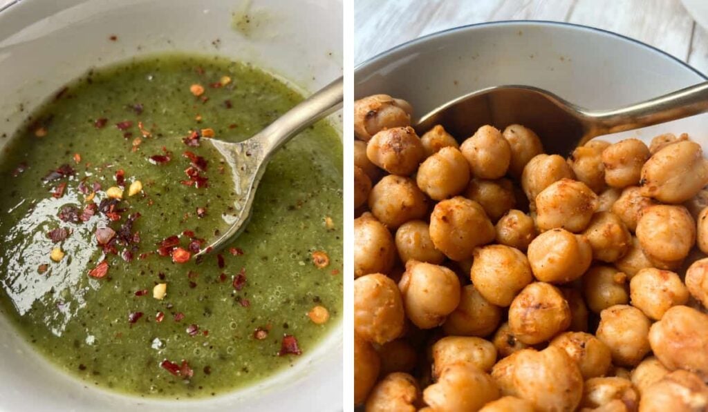 Kiwi dressing and seasoned chickpeas.