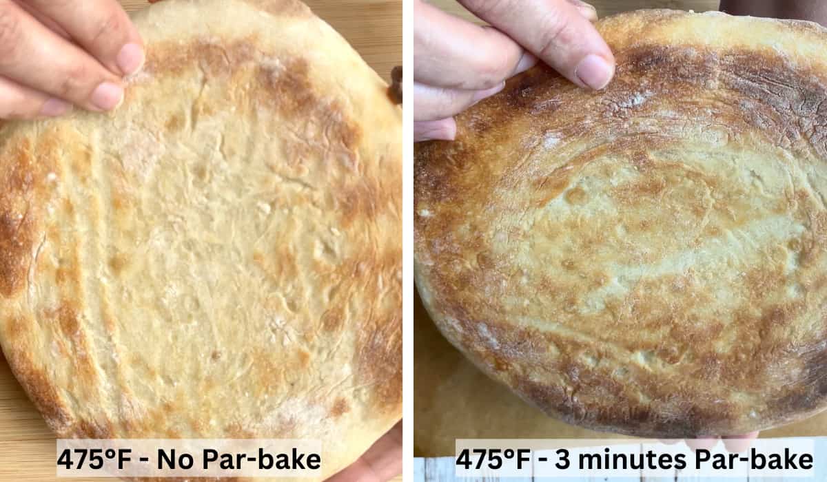 Pizza crust with and without parbaking.