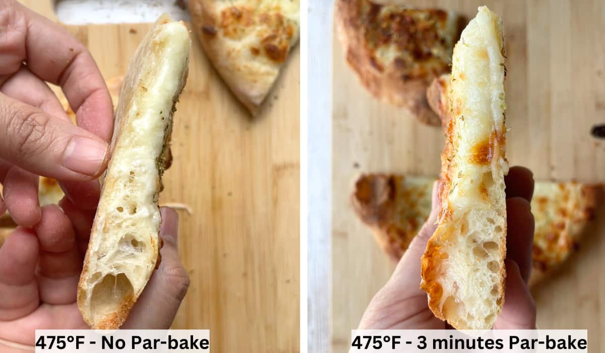 Pizza slices with and without parbaking.
