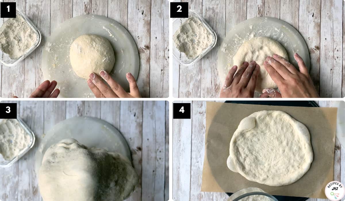 Shaping pizza crust.